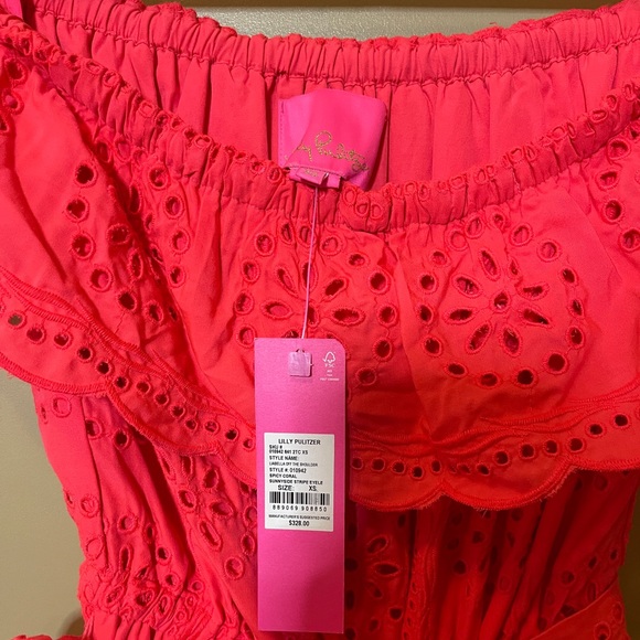 Lilly Pulitzer Liabella Off Shoulder Midi Dress Coral Sunnyside Eyelet s XS $328 - Picture 3 of 5